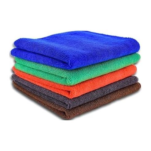 Stack of microfibre cloths in blue, green, orange, grey and brown