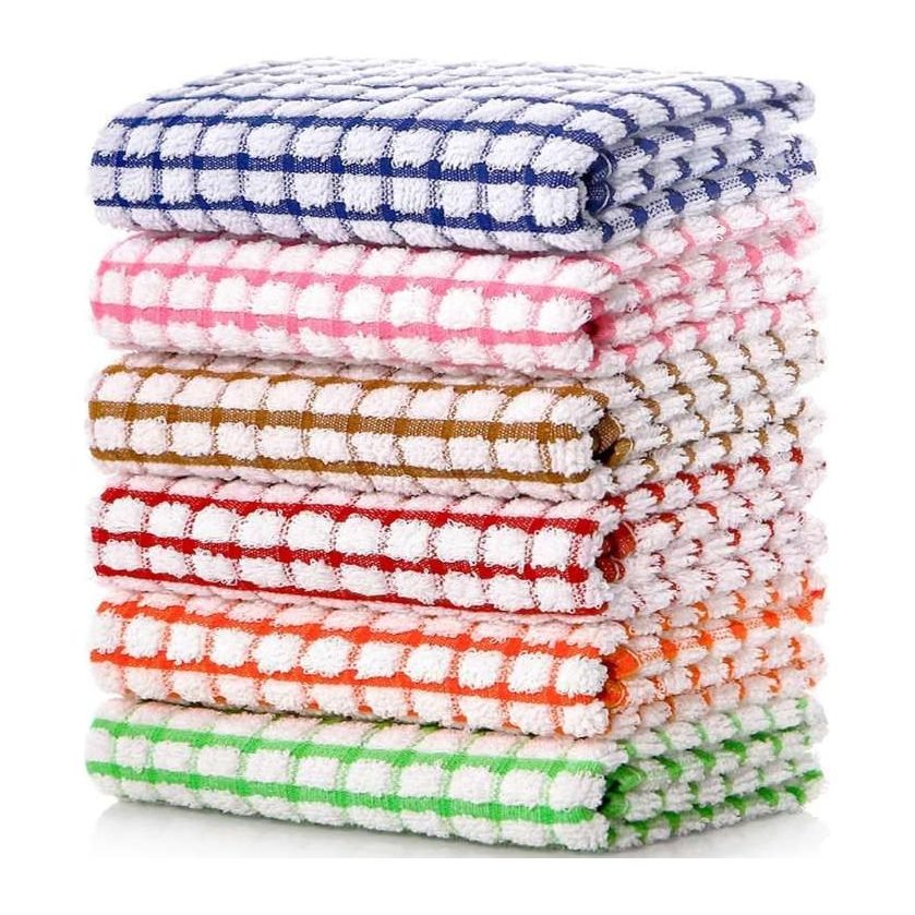 Stack of terry box-check dishcloths in six colours